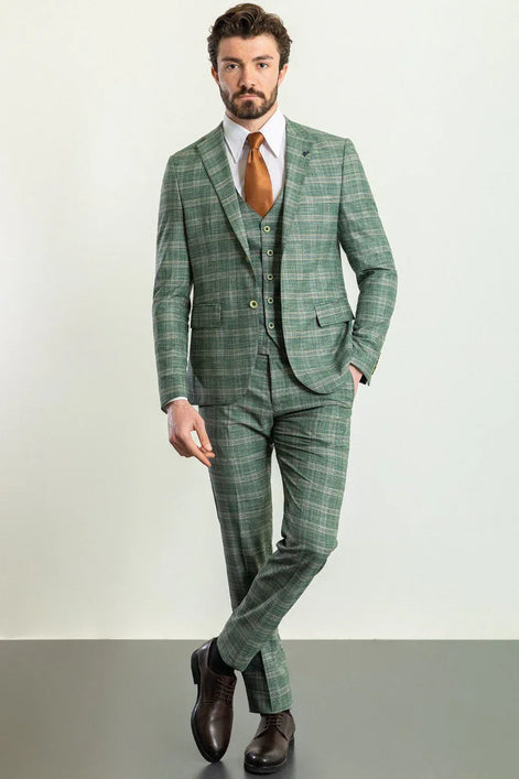 Tea Slim Fit Notch Lapel 3 Piece Light Green Plaid Suit