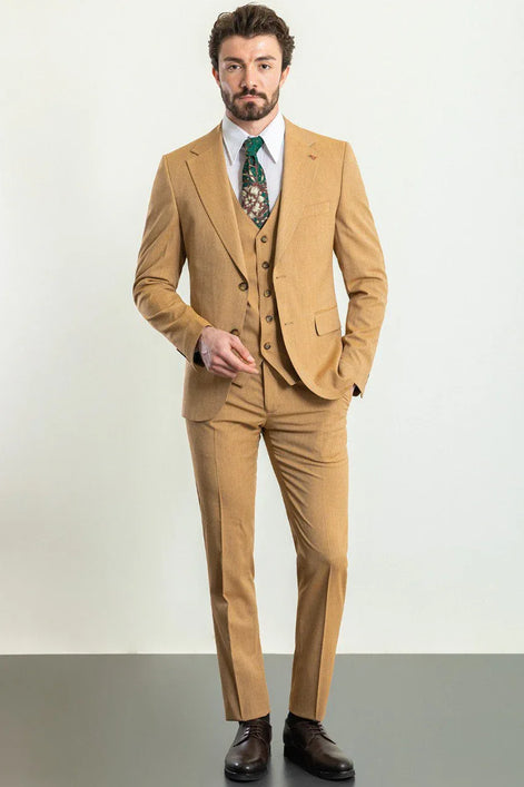 Tea Slim Fit Notch Lapel 3 Piece Light Mustard Suit