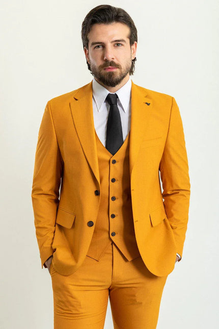 Tea Slim Fit Notch Lapel 3 Piece Mustard Suit