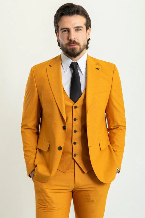 Tea Slim Fit Notch Lapel 3 Piece Mustard Suit