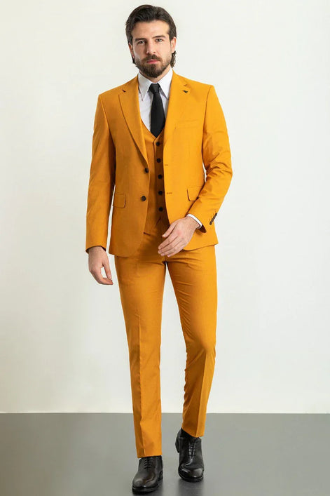 Tea Slim Fit Notch Lapel 3 Piece Mustard Suit