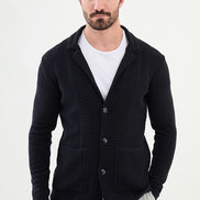 GentWith Tea Notch Collar Double Pocket Knit Navy Blue Cardigan
