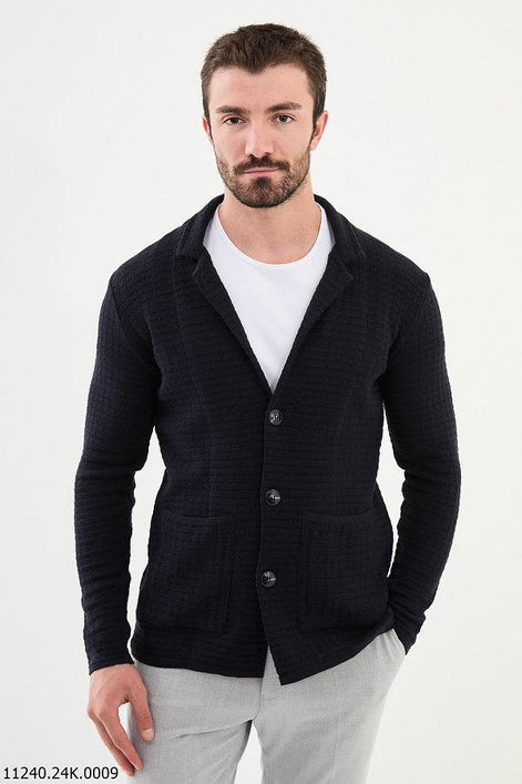 GentWith Tea Notch Collar Double Pocket Knit Navy Blue Cardigan