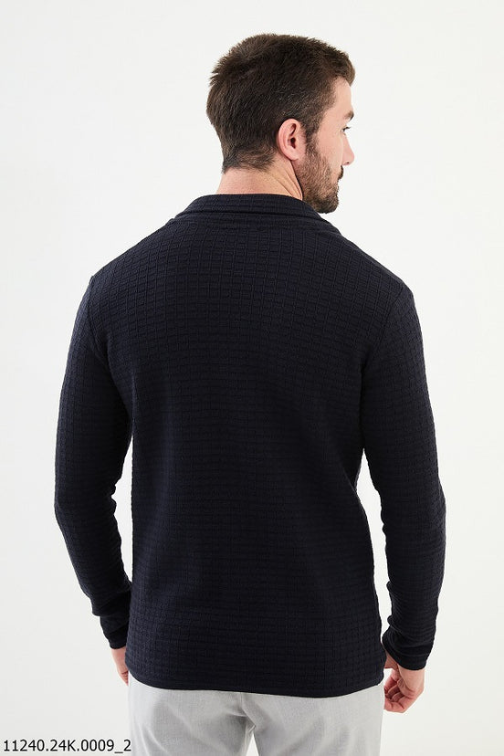 Navy Blue Notch Collar Double Pocket Knit Cardigan