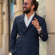 GentWith Tea Navy Blue Slim Fit 2 Piece Double Breasted Buckle Suit