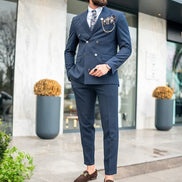Tea Navy Blue Slim Fit 2 Piece Double Breasted Suit
