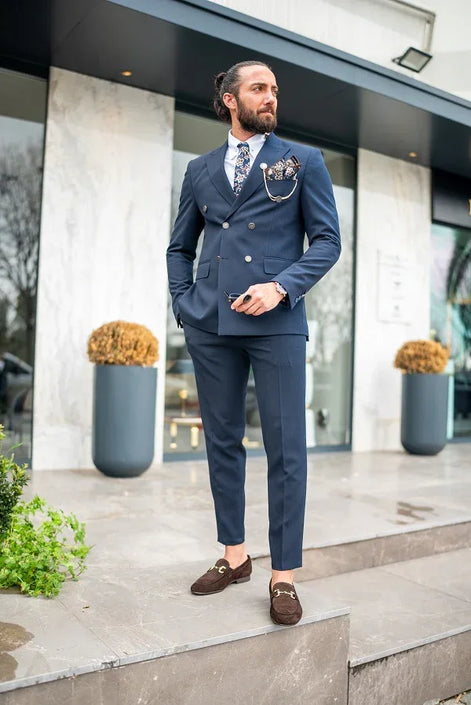 Tea Navy Blue Slim Fit 2 Piece Double Breasted Suit