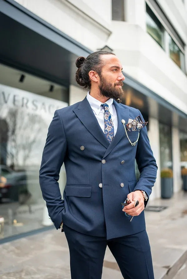 Tea Navy Blue Slim Fit 2 Piece Double Breasted Suit