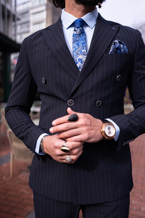 Tea Navy Blue Slim Fit 2 Piece Pinstripe Double Breasted Suit