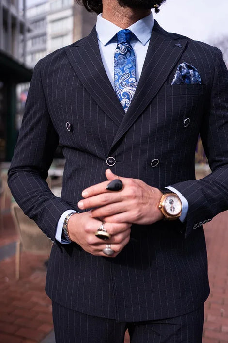 Tea Navy Blue Slim Fit 2 Piece Pinstripe Double Breasted Suit