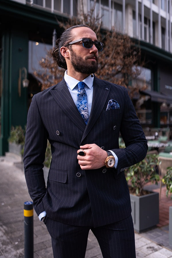 Tea Navy Blue Slim Fit 2 Piece Pinstripe Double Breasted Suit