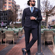 Tea Navy Blue Slim Fit 2 Piece Pinstripe Double Breasted Suit