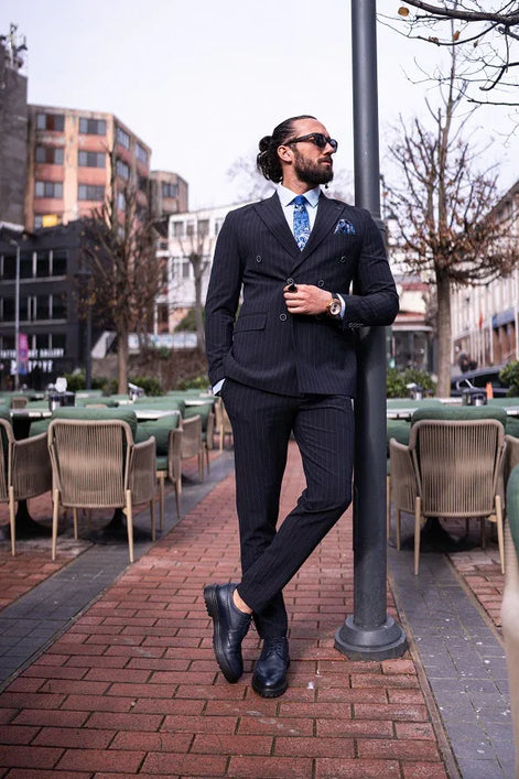 Tea Navy Blue Slim Fit 2 Piece Pinstripe Double Breasted Suit