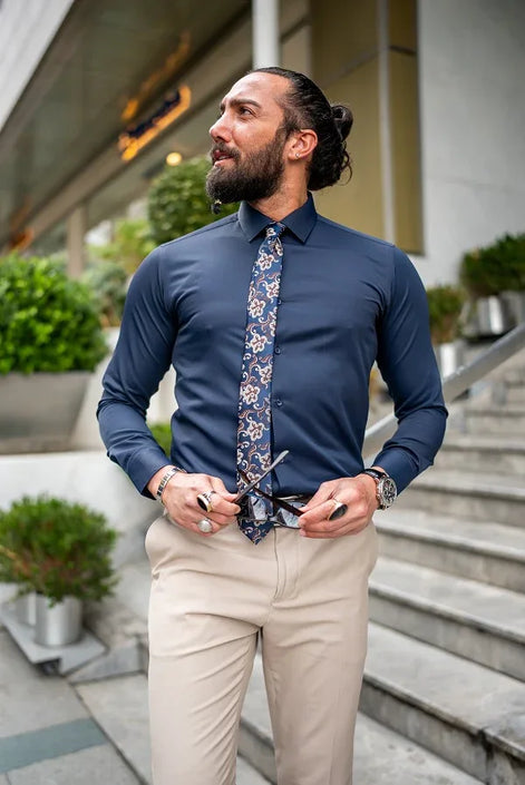 Tea Slim Fit Cotton Navy Blue Formal Shirt