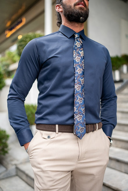 Tea Slim Fit Cotton Navy Blue Formal Shirt