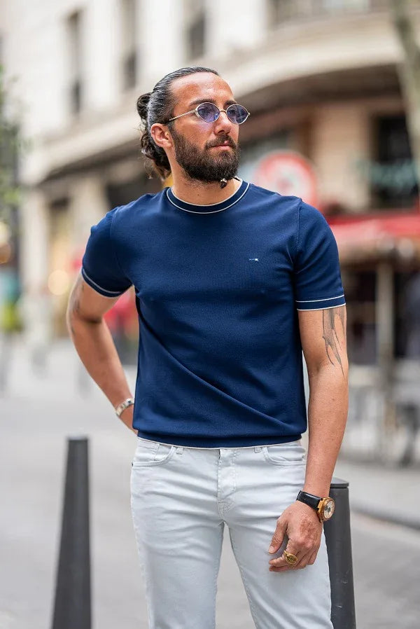 Tea Navy Blue Slim Fit Crew Neck T-Shirt