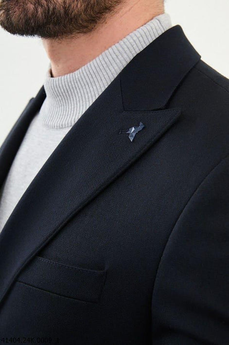 Tea Navy Blue Slim Fit Double Breasted Men's Buckle Blazer