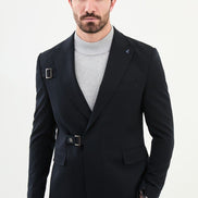 Tea Navy Blue Slim Fit Double Breasted Men's Buckle Blazer