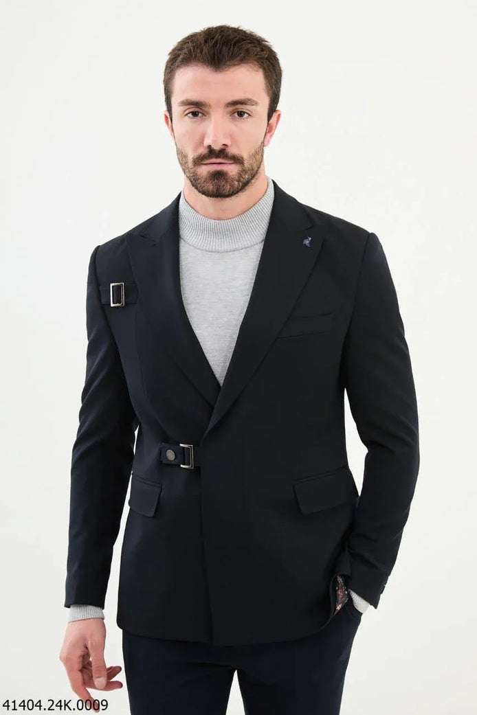 Tea Navy Blue Slim Fit Double Breasted Men's Buckle Blazer