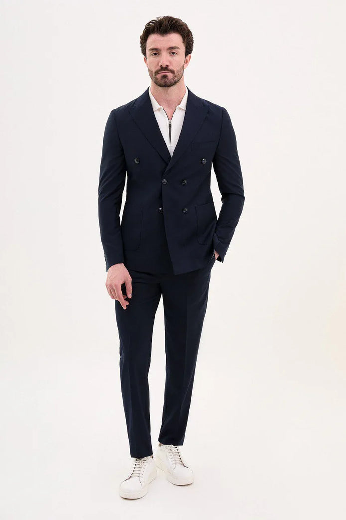 GentWith Tea Navy Blue Slim Fit Double Breasted Suit