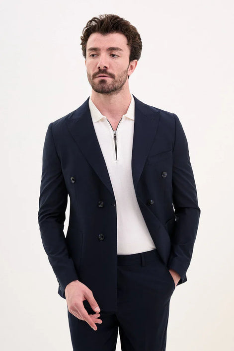 GentWith Tea Navy Blue Slim Fit Double Breasted Suit