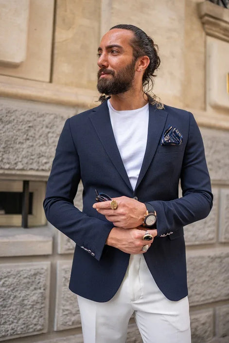 Tea Slim Fit Notch Lapel Navy Blue Blazer