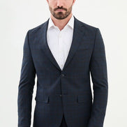 Tea Navy Blue Slim Fit Notch Lapel Men's Plaid Wool Blazer