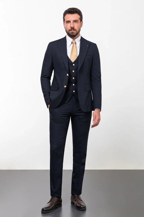 Tea Navy Blue Slim Fit Peak Lapel 3 Piece Suit