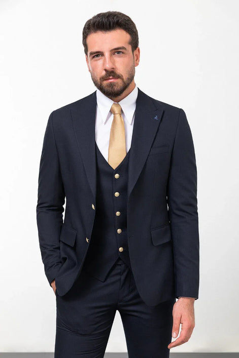 Tea Navy Blue Slim Fit Peak Lapel 3 Piece Suit