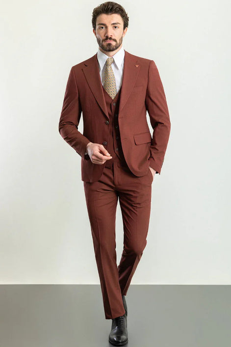 Tea Slim Fit Notch Lapel 3 Piece Rust Brown Suit