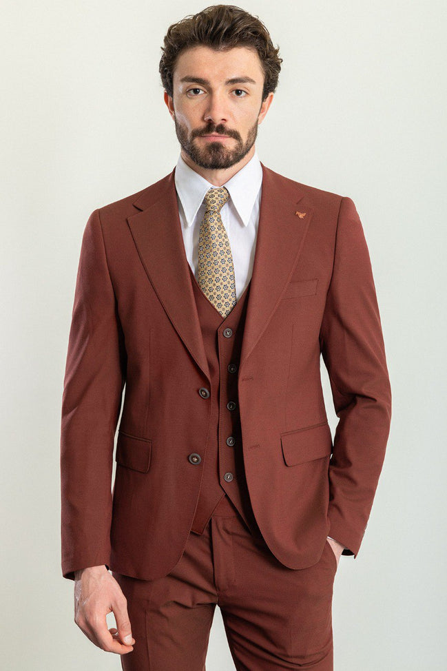Tea Slim Fit Notch Lapel 3 Piece Rust Brown Suit