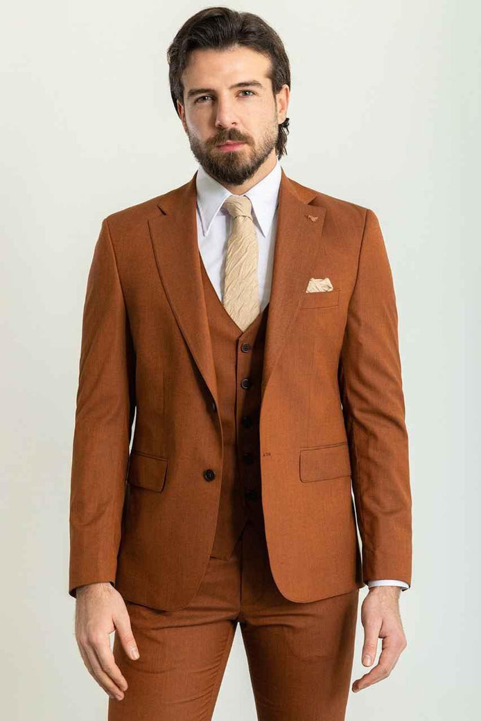 Tea Slim Fit Notch Lapel 3 Piece Rust Suit