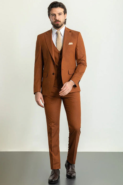 Tea Slim Fit Notch Lapel 3 Piece Rust Suit