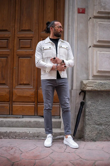 Tea White Slim Fit Double Pocket Buttoned Coat