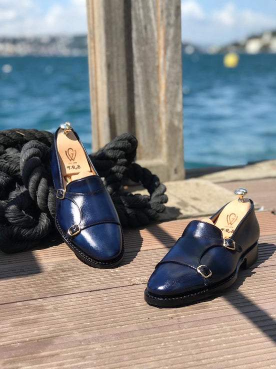 Navy Blue Double Monk Strap Shoes