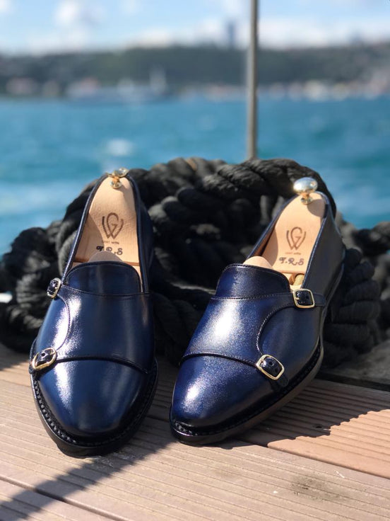 Navy Blue Double Monk Strap Shoes