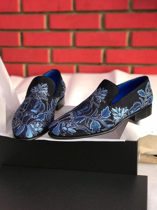Navy Blue Embroidered Loafers​