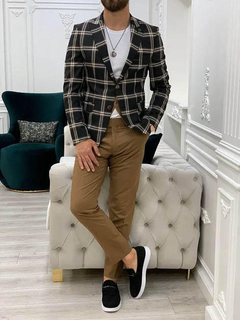 Whitney Black Slim Fit Peak Lapel Plaid Suit