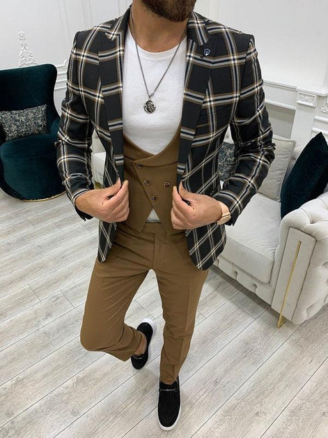 Whitney Black Slim Fit Peak Lapel Plaid Suit