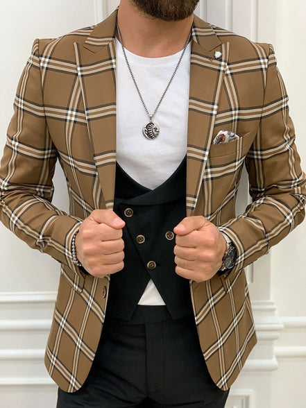 Whitney Brown Slim Fit Peak Lapel Plaid Suit