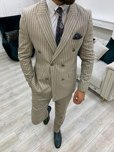 Whitney Cream Slim Fit Peak Lapel Double Breasted Striped Suit