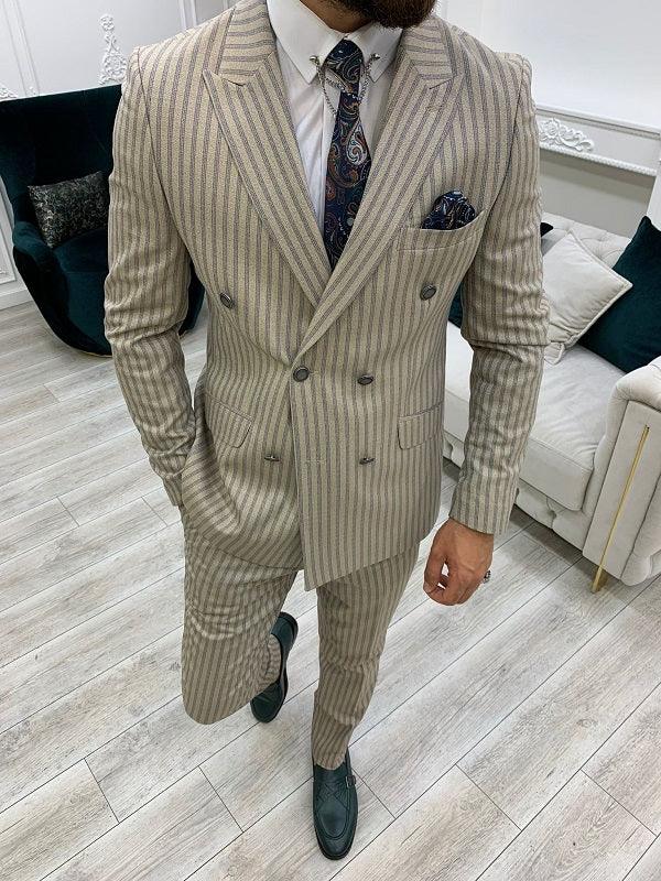 Whitney Cream Slim Fit Peak Lapel Double Breasted Striped Suit