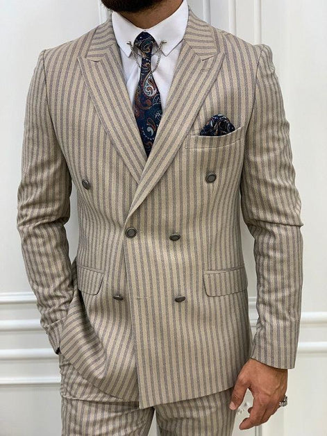 Whitney Cream Slim Fit Peak Lapel Double Breasted Striped Suit