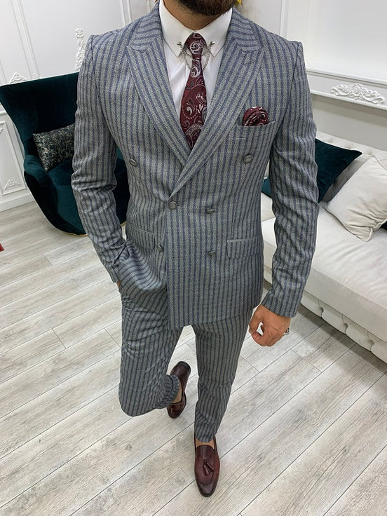 Navy Blue Slim Fit Peak Lapel Double Breasted Striped Suit