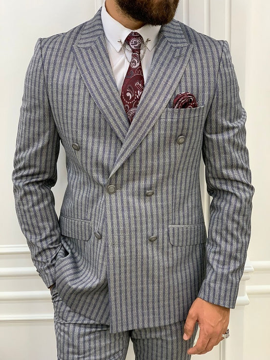 Navy Blue Slim Fit Peak Lapel Double Breasted Striped Suit for Men by GentWith.com with Free Worldwide Shipping