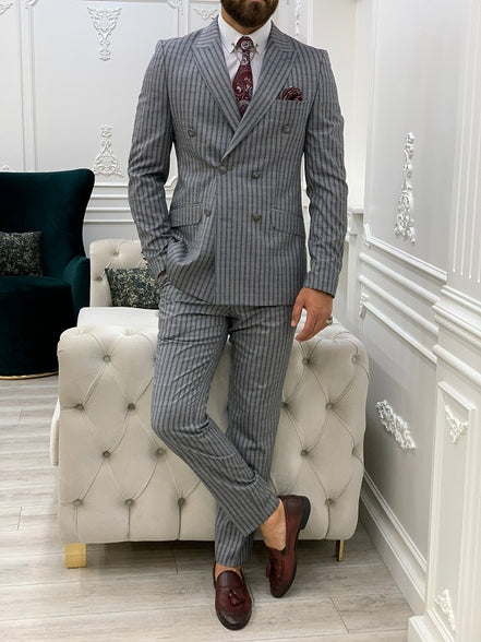 Whitney Navy Blue Slim Fit Peak Lapel Double Breasted Striped Suit