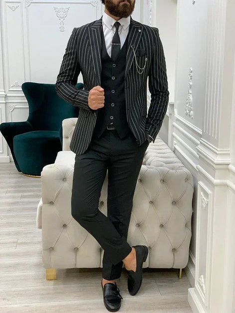 Yukon Black Slim Fit Peak Lapel Striped Suit