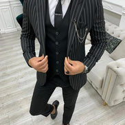 Yukon Black Slim Fit Peak Lapel Striped Suit