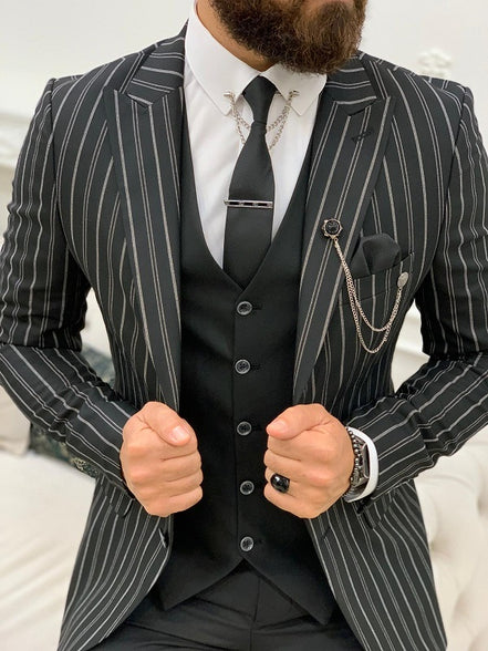 Yukon Black Slim Fit Peak Lapel Striped Suit
