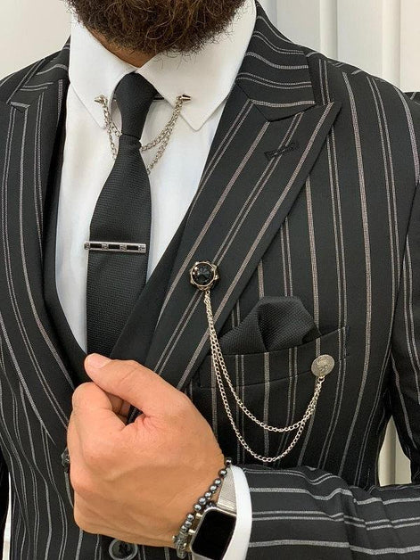 Yukon Black Slim Fit Peak Lapel Striped Suit